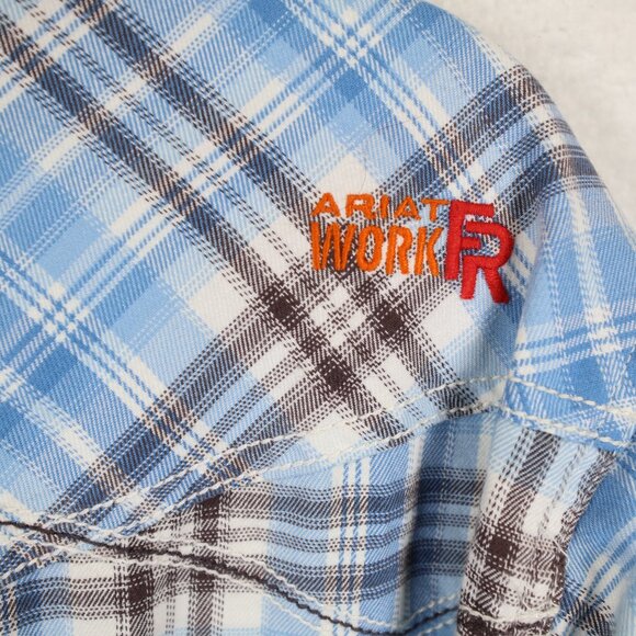 Ariat Flame Resistant Work Shirt Mens L Blue Brown Plaid Snaps CAT 2 - Picture 6 of 11
